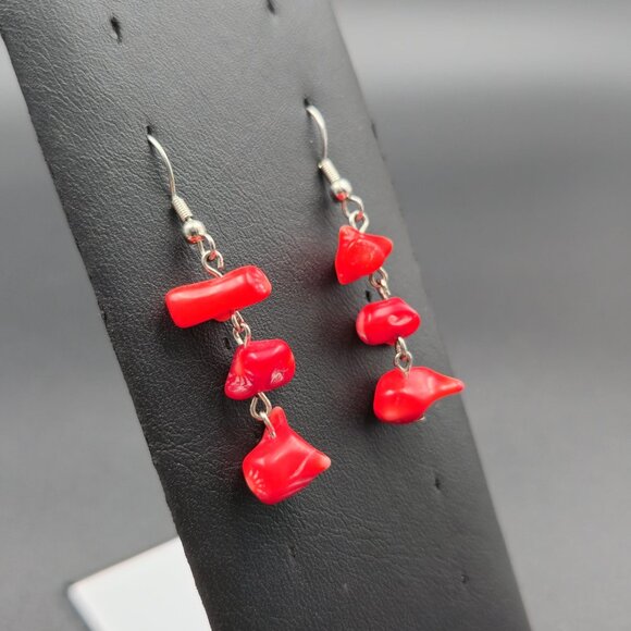 Silver Plated Red Coral Chunks Handmade Dangle Earrings A6095 - Picture 2 of 5